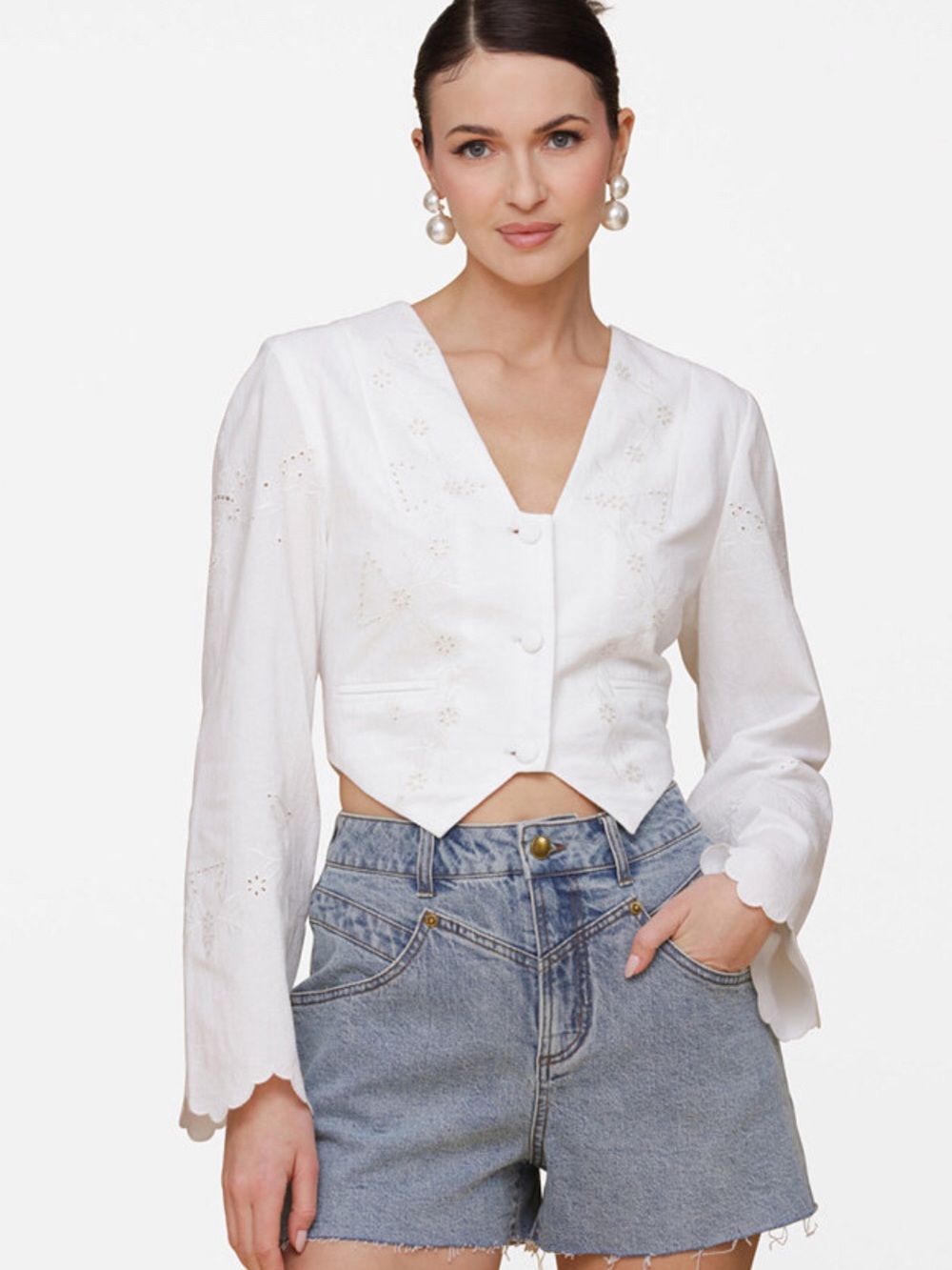 Avec Les Filles White Embroidered Cropped Blazer